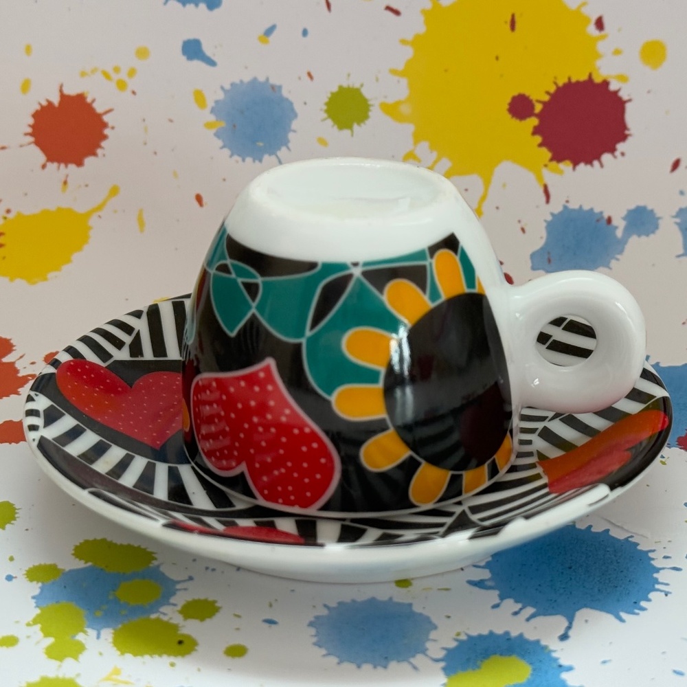 Pair (2) Espresso Cups & Saucers (2) Coordinated Colorful - Picture 4 of 10